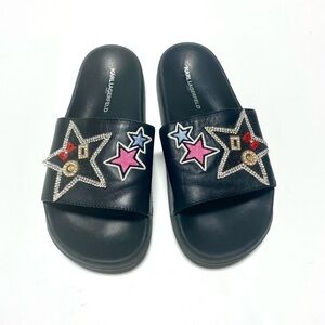 Karl Lagerfeld Black Leather Rhinestone Star Slide Sandals